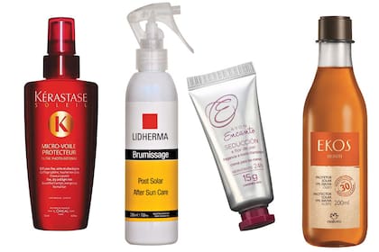 Protector para el pelo (Kérastase, $865). Spray postsolar (Lidherma, $349). Crema para manos (Avon, $57.Protector solar en aceite FPS 30 (EKos natura, $375).