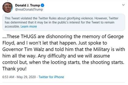 Twitter ocultó un tuit de Trump por "glorificar la violencia"
