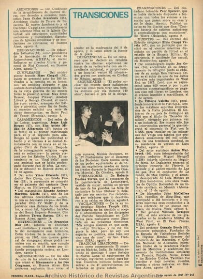 Publicación de agosto en Primera Plana anunciando el casamiento civil de Borges y Elsa (Foto: Archivo Histórico de Revistas Argentinas)