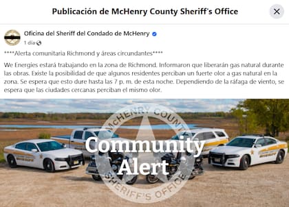 Publicación de la Oficina del Sheriff del Condado de McHenry, donde alerta sobre los trabajos de la empresa de energía