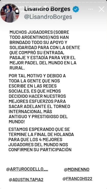 Publicación de Lisandro Borges, el promotor del torneo de Buenos Aires