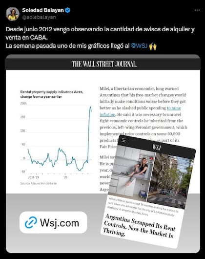 Publicación de Soledad Balayan en X sobre su aparición en el artículo de The Wall Street Journal