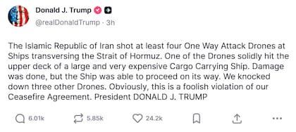 Publicación del presidente norteamericano, Donald Trump. Fuente: Truth Social