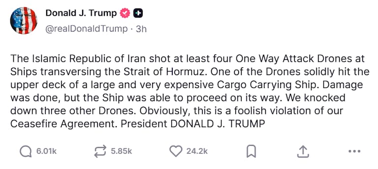 Publicación del presidente norteamericano, Donald Trump. Fuente: Truth Social