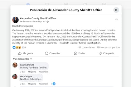 Publicación oficial de la Oficina del Sheriff del Condado de Alexander (Foto Facebook)