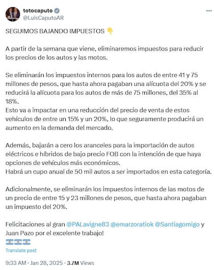 Publicación vía X del ministro