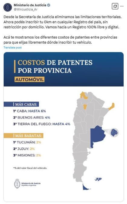 Publicación vía X del Ministerio de Justicia en donde anuncia esta nueva medida