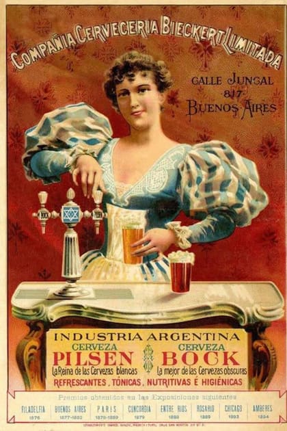 Publicidad de Bieckert del año 1898, donde se promociona como la reina de las cevezas, cuando la fábrica todavía estaba en Esmeralda y Juncal