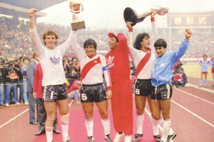 Pumpido, Gallego, Galíndez, Funes y Enrique, con las copas en Tokio