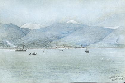 Punta Arenas ilustrada por Conrad Martens; a la izquierda navega el HMS Beagle