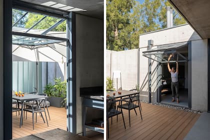 Punto de contacto entre el garage, el quincho y la cocina, el patio ofrece un híbrido entre exterior e interior. "Es muy práctico cuando viene gente, pero también lo usamos mucho para comer".