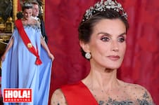 La reina Letizia deslumbró con su vestido “Frozen” y la tiara Floral en el banquete de Estado con los Macron