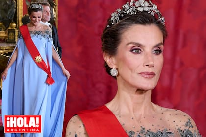 La reina Letizia deslumbró con su vestido “Frozen” y la tiara Floral en el banquete de Estado con los Macron