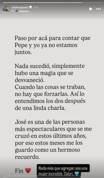 Qué dijo Chatruc luego de que Sabrina Rojas anunciara su separación