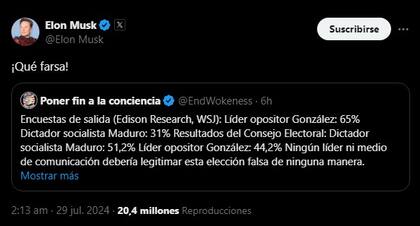 "Qué farsa", otra de las reacciones de Elon Musk en redes sociales a las elecciones en Venezuela