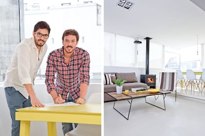 El dueño de casa y el Arq. Benjamín Pozzo (der.) La mesa ratona ‘Transporteibel’ (Estudio DWG) tiene patas desmontables para trasladarla fácilmente a la terraza. Aberturas de aluminio ‘Módena’ (Aluar).