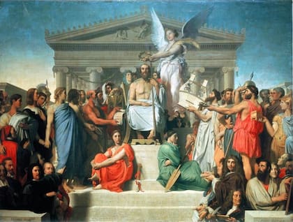 Quizás no existió, pero lo hemos imaginado. En "La apoteosis de Homero" (1827) el artista Jean Auguste Dominique Ingres lo pintó siendo coronado como un ser inmortal, con grandes personalidades históricas del arte, la literatura y la música a su alrededor