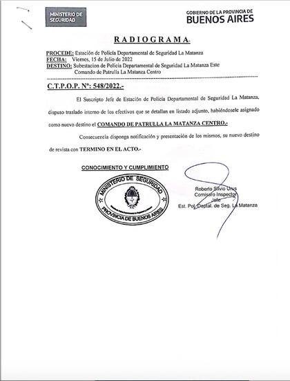 Radiograma del gobierno de la provincia de Buenos Aires