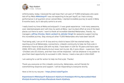 Raju Kadam recurrió a LinkedIn para pedir ayuda