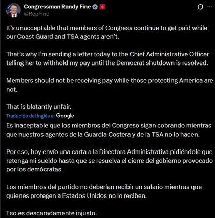 Randy Fine pidió que todos los miembros del Congreso dejen de recibir su salario mientras perdure el cierre del gobierno federal
