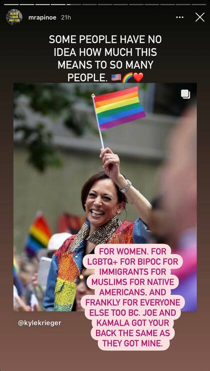 Rapinoe manifestó la importancia de que Harris reconozca a la comunidad LGTBQ+. Crédito: Instagram