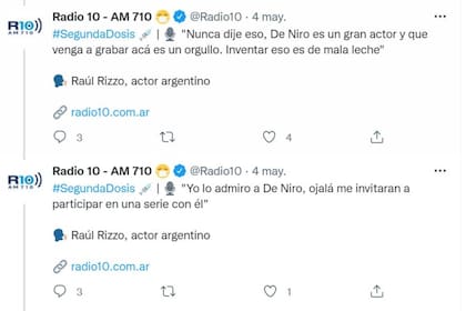 Raúl Rizzo desmintió en Radio 10 que él hubiera sido el autor de las frases en contra de la visita de Robert De Niro a Buenos Aires