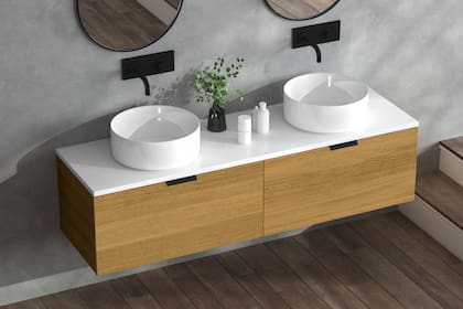 Rauvisio Raíces en Teca miel. Un producto fuerte que mantiene su apariencia a lo largo del tiempo, incluso en ambientes exigentes como el baño.
