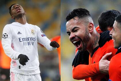 Las dos caras del mismo partido: Vinicius Jr. se lamenta, mientras Dentinho, delantero brasileño de Shakhtar, es puro festejo tras su gol, el primero de su equipo.