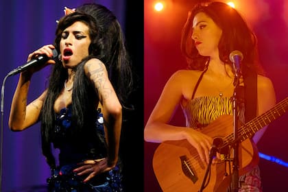 Realidad y ficción: Amy Winehouse (izq.) en el Festival de Glastonbury, en junio de 2008, y la actriz Marisa Abela, quien la encarna en la nueva biopic Back To Black (2024)