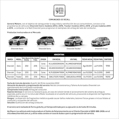 Recall por los airbags de Chevrolet