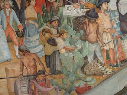Recolección de insectos para usarlos en la elaboración del carmín de cochinilla. Detalle de un mural sobre la historia de Oaxaca, México, pintado por Arturo García Bustos.