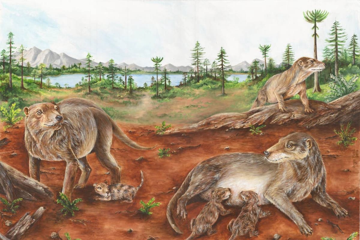Reconstrucción artística de hembras de Chiniquodon theotonicus en el ambiente del Triásico