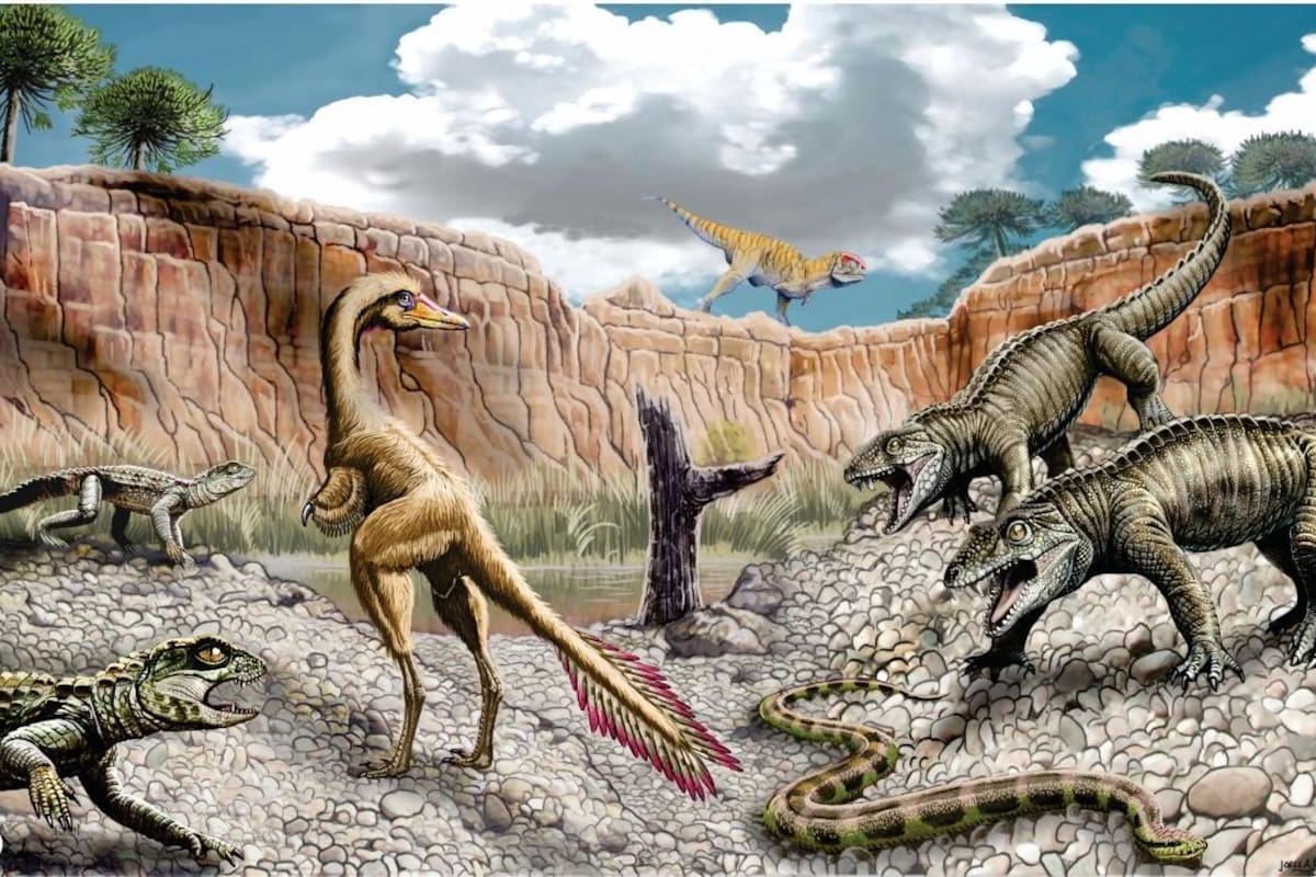 Reconstrucción de la fauna de la formación Bajo de la Carpa, con los cocodrilos a la derecha.