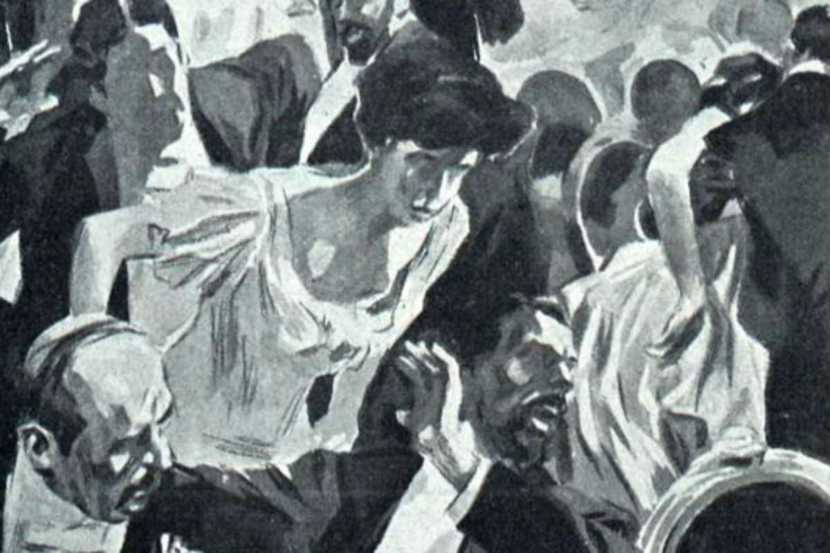 Reconstrucción de Zavattaro del momento de la explosión de la bomba en la platea del Teatro Colón. Fuente: Caras y Caretas.