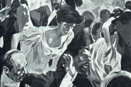 Reconstrucción de Zavattaro del momento de la explosión de la bomba en la platea del Teatro Colón. Fuente: Caras y Caretas.