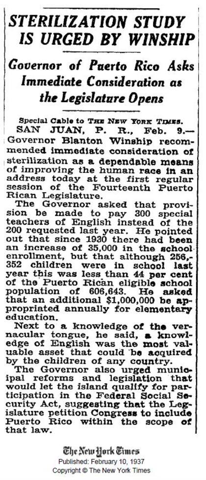 Recorte de The New York Times que habla del gobernador Blanton C. Winship