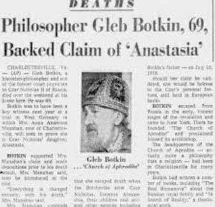 Recorte de una necrológica de Gleb Botkin, hijo del médico asesinado junto a los Romanov y uno de los principales defensores de Anna Anderson. Durante décadas sostuvo que la mujer era Anastasia, la hija menor del último zar de Rusia