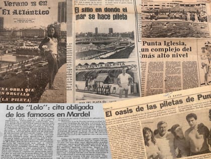 Recortes periodísticos de la época que Eric conserva y que muestran cómo las piletas se convirtieron en uno de los grandes escenarios del verano