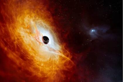 Recreación artística: el núcleo brillante de J0529-4351 es impulsado por un agujero negro supermasivo