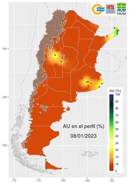 Registro a ayer para el agua útil en el perfil del suelo. (AU) es la lámina de agua aprovechable por los cultivos, hasta un metro de profundidad. El AU está expresada como porcentaje del agua útil máxima posible para cada tipo de suelo