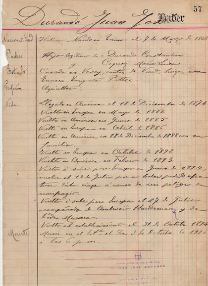 Registro de los viajes de Durandó a Europa y su muerte el 3 de octubre de 1916, a las 6 pm.