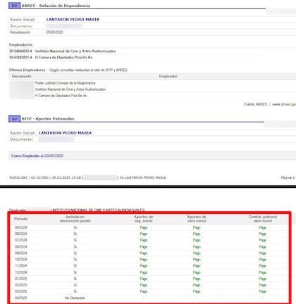 Registros de la base Nosis sobre aportes pagados por el INCAA como empleador de Pedro Lantaron.