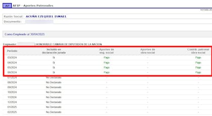 Registros de la base Nosis sobre aportes pagados por la Cámara de Diputados de la Nación como empleador de Ezequiel Ismael Acuña.