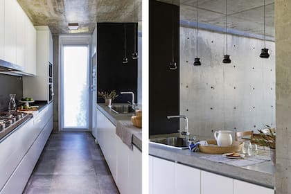 En la cocina, una mesada reitera el tono del hormigón, mientras que la otra se eligió en Silestone ‘Gris Marengo’.