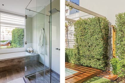 Relax total en este baño. La bañera tiene vista al verde y una ducha con mampara para que la mirada fluya como el agua. El piso es de porcelanato imitación madera (SBG).