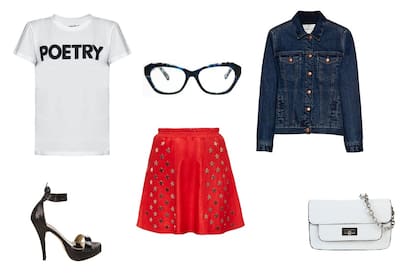 Remera (Ay Not Dead, $725) Pollera (Benito) Campera (Cher, $3900) Anteojos (Elizabeth Arden) Sandalias (Luna Chiara, $1235) Bandolera (Prune, $1100)