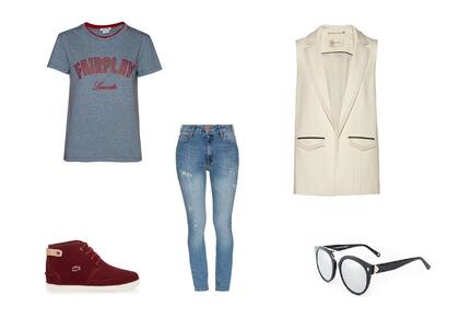 Remera (Lacoste, $799) Anteojos (Absurda) Chaleco (Awada, $2992 sale The Net Boutique) Jean (AyNotDead) Zapatillas (Lacoste, $2199)