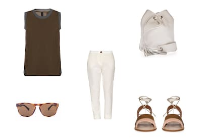 Remera (Not To Be Understood, $1845) Anteojos (360) Pantalón (Paula Cahen Danvers) Sandalias (Lisa Brenan, $1890) Cartera (NAM, $3398)