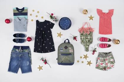 Remera rayada (Cheeky, $519), chemise (Paula Cahen d’Anvers,$990), zapatillas (Hush Puppies, $2100), bermuda camuflada, bermuda de denim (Cheeky, $720 y $940), vestido estampado (Paula Cahen d’Anvers, $1250),gorro, mochila (Cheeky, $349 y $799), traje de baño (Wanama, $1589), remera (Cheeky, $480)