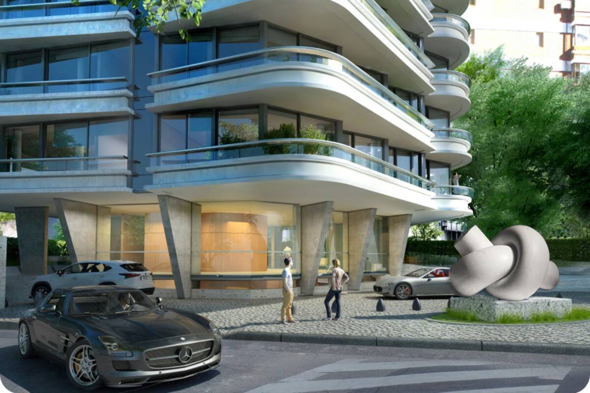 Render de cómo quedará Geometría afectiva, escultura de Elba Bairon ganadora del Premio Chomer, cuando se instale en la entrada de la torre Selene